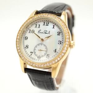 Erwin Pearl Gold Tone MOP Small Seconds 36mm Watch Black Leather w New Battery